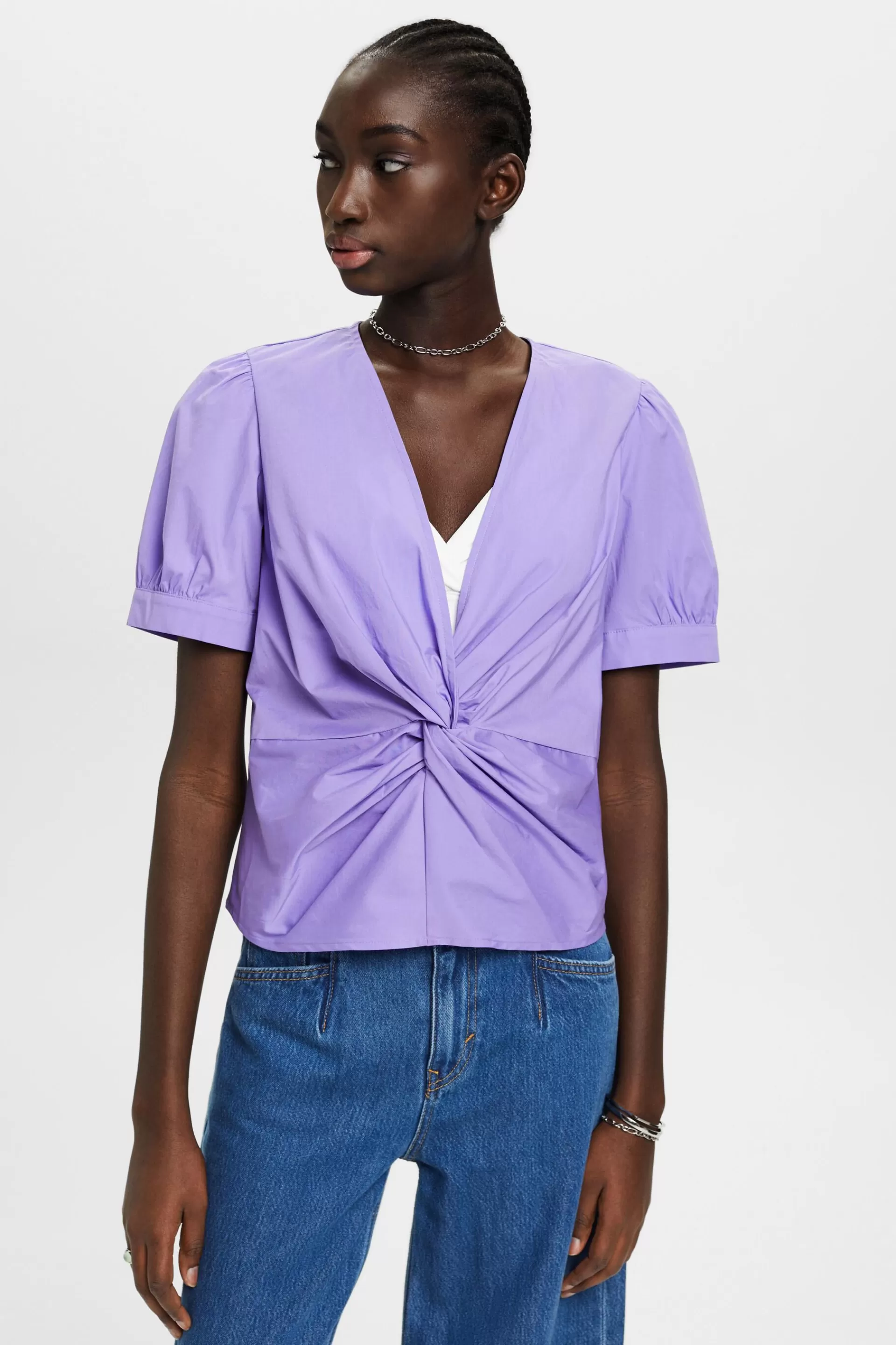 Baumwollbluse mit V-Ausschnitt und Raffung-ESPRIT Online