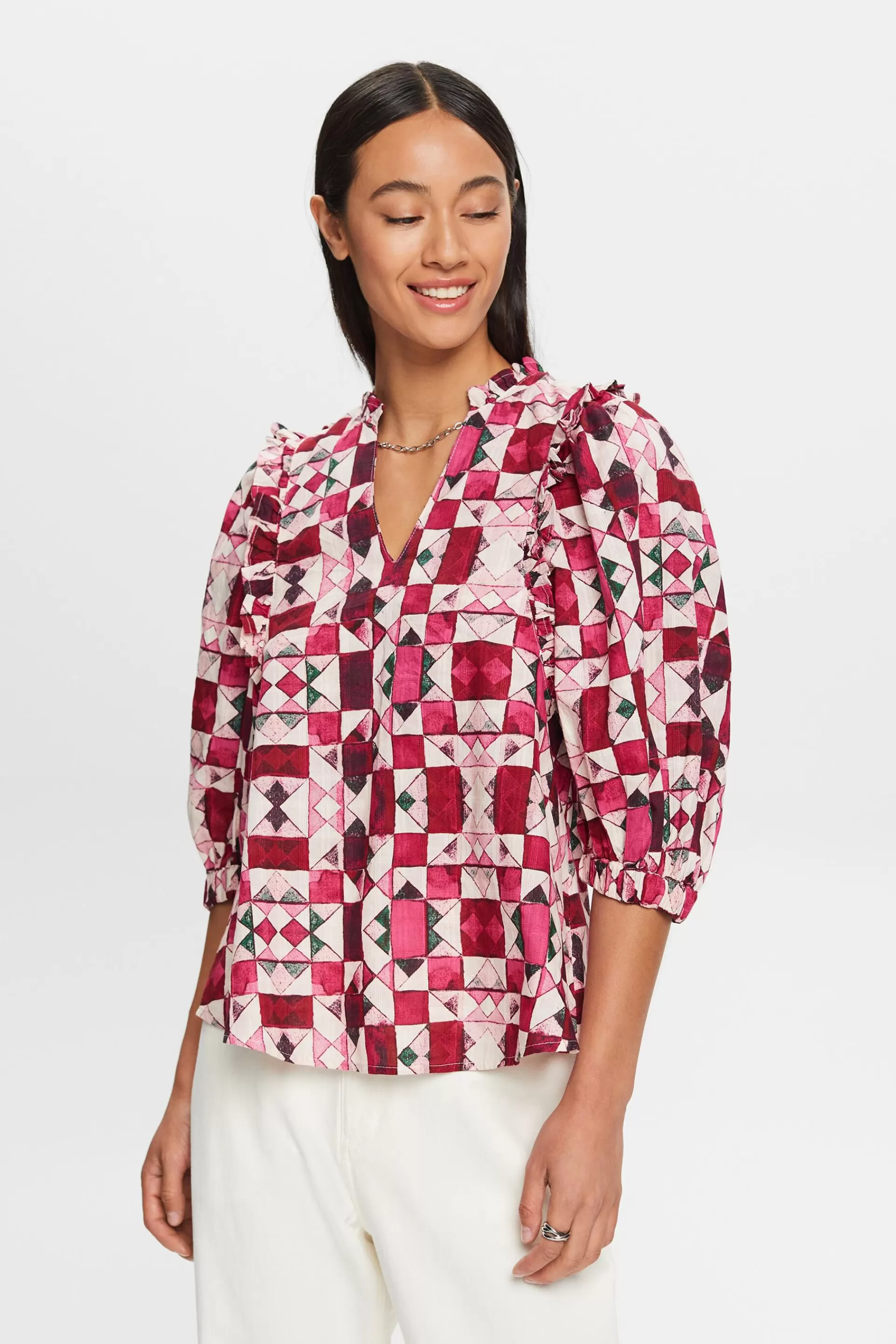 Bluse aus Baumwoll-Dobby mit Rüschenbesatz-ESPRIT Shop
