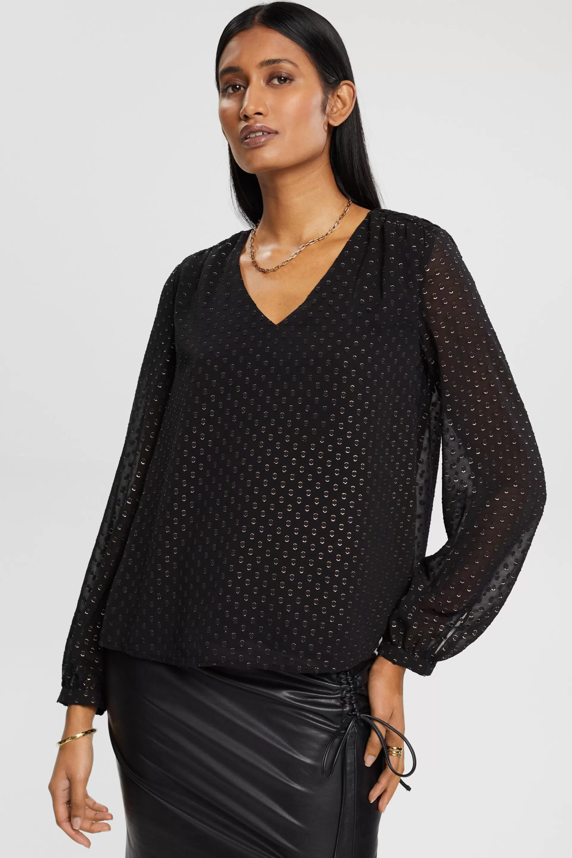 Bluse mit V-Ausschnitt und goldenem Glitter-Effekt-ESPRIT Discount