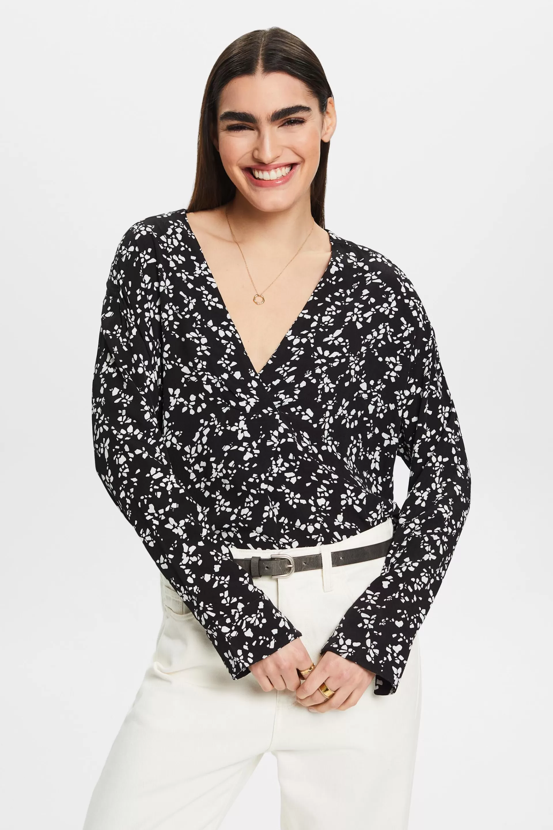 Crêpe-Bluse mit V-Ausschnitt und Print-ESPRIT Online