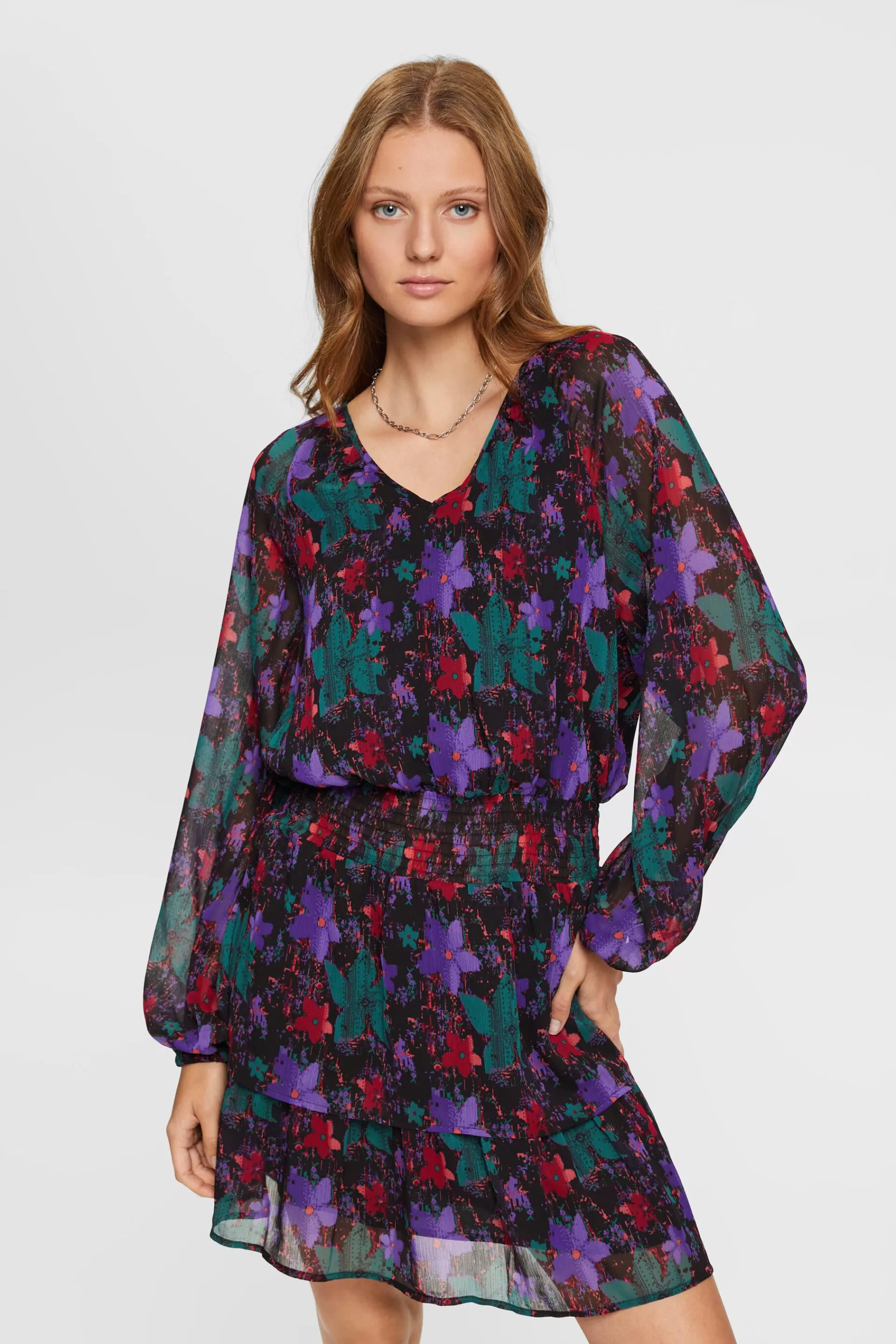 Gemustertes Chiffonkleid mit gesmokter Taille-ESPRIT New