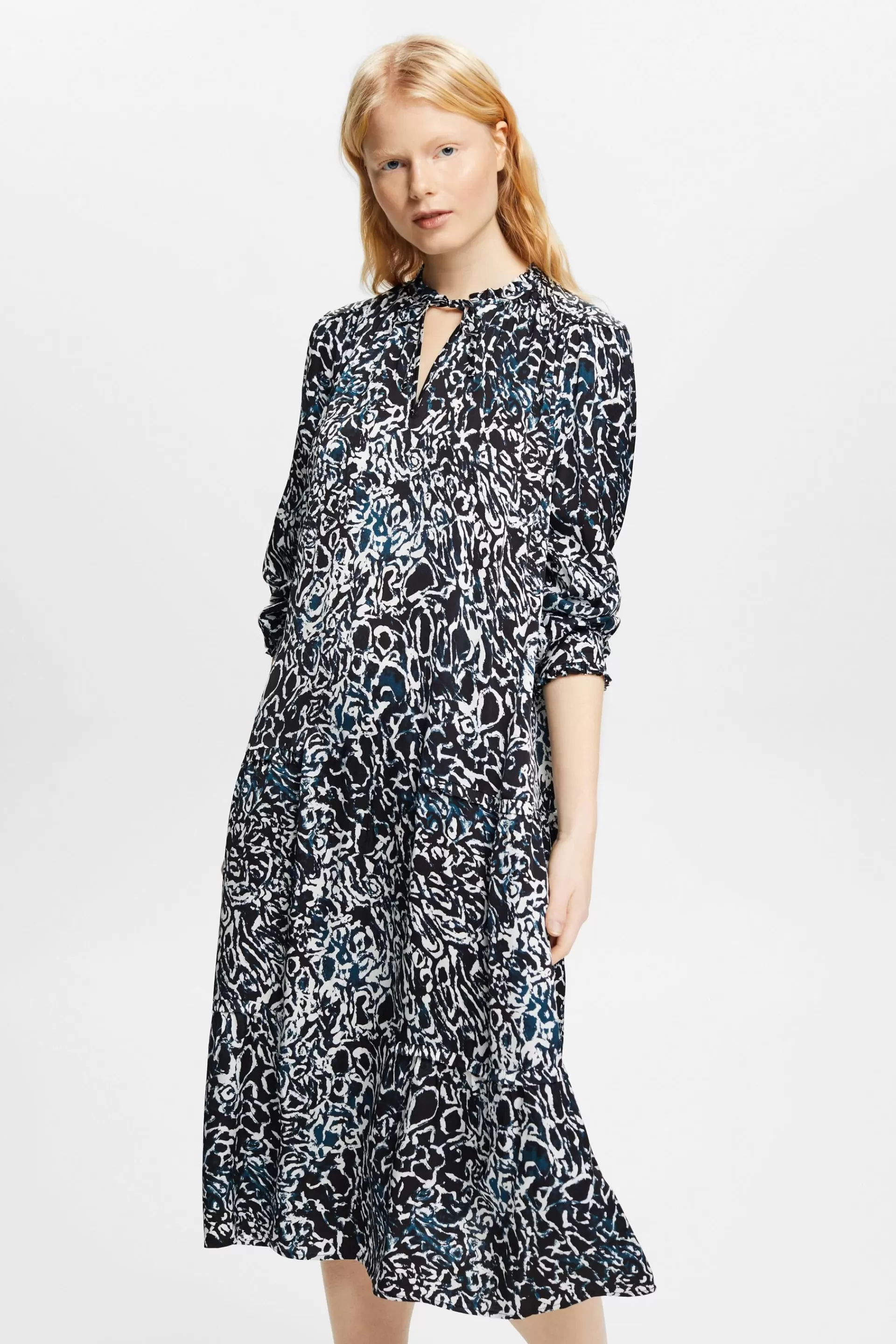 Gemustertes Midikleid aus Satin mit Rüschen-ESPRIT Store