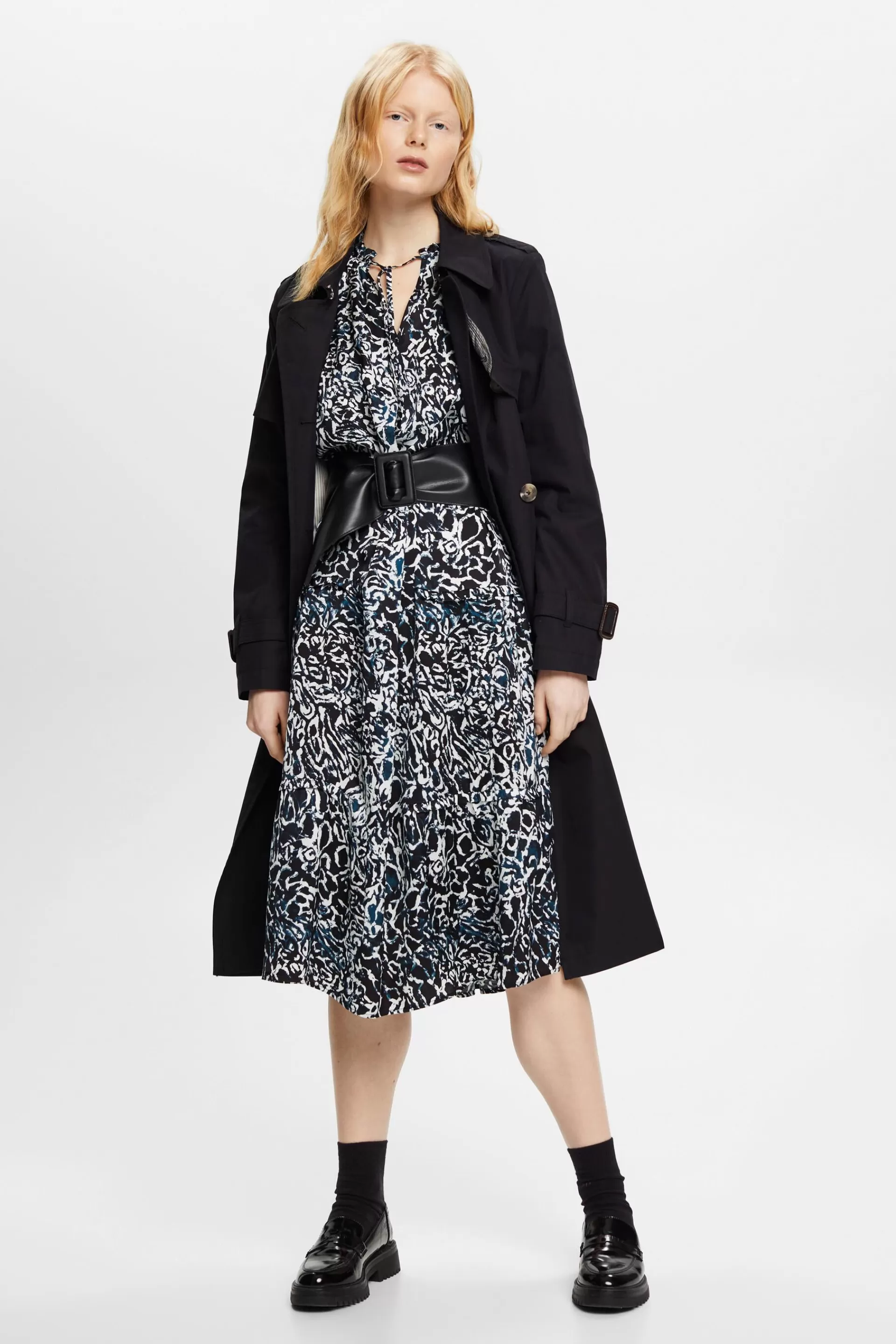 Gemustertes Midikleid aus Satin mit Rüschen-ESPRIT Store