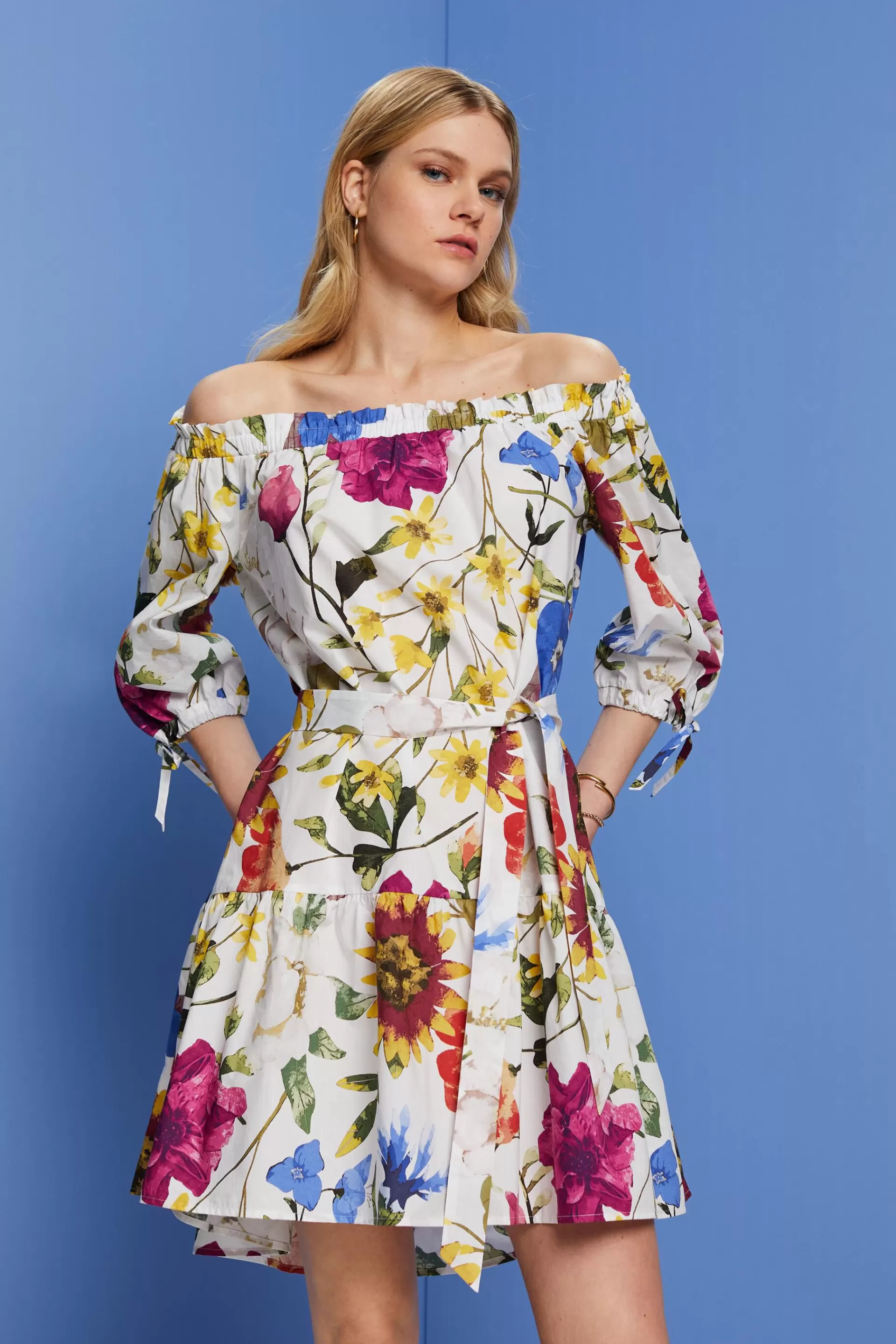 Gemustertes Off-Shoulder-Minikleid aus Popeline-ESPRIT New