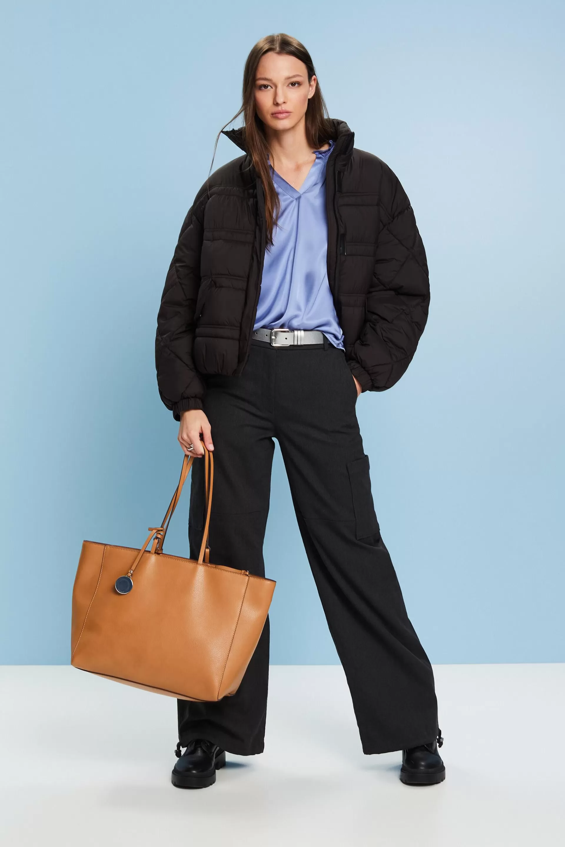 Gesmokte Satinbluse mit V-Ausschnitt-ESPRIT Discount