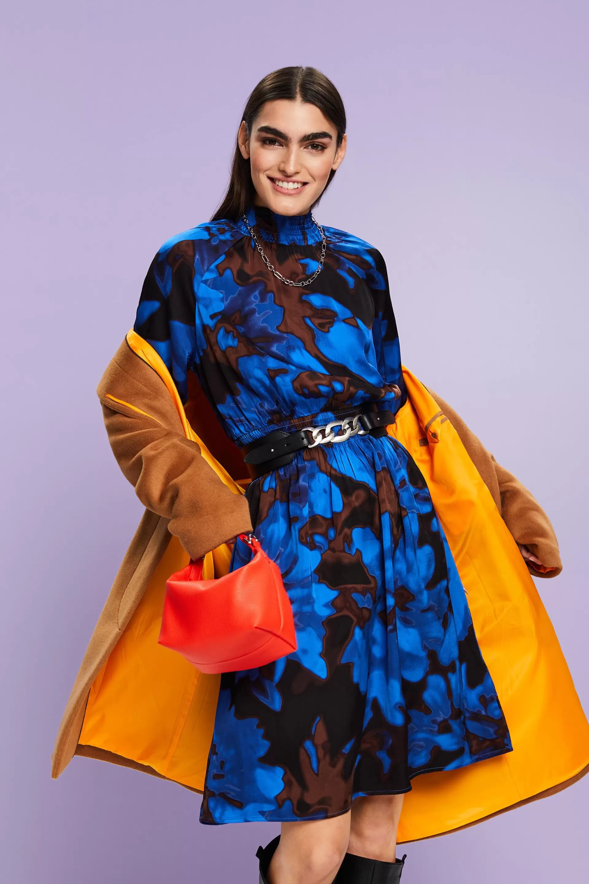 Gesmoktes Satinkleid mit Print-ESPRIT Best