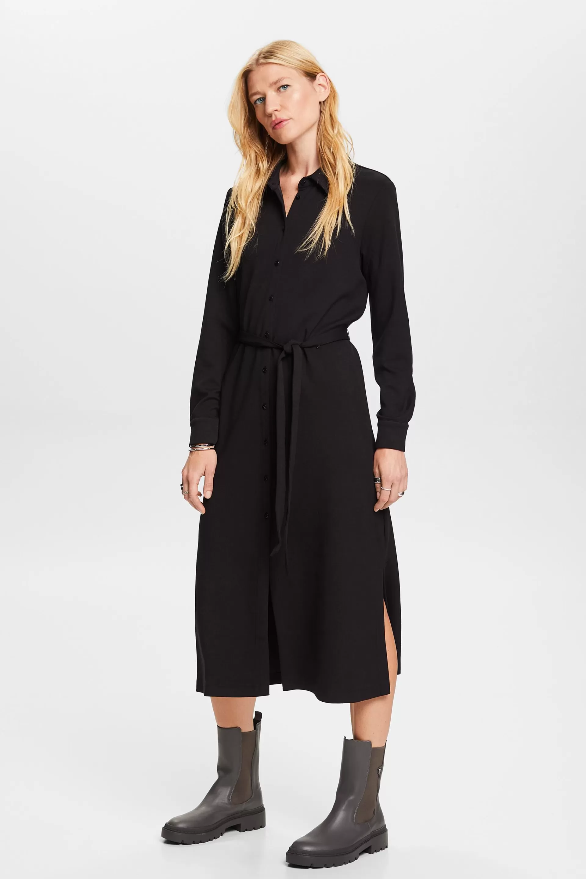 Hemdblusenkleid aus Jersey mit Gürtel-ESPRIT Flash Sale