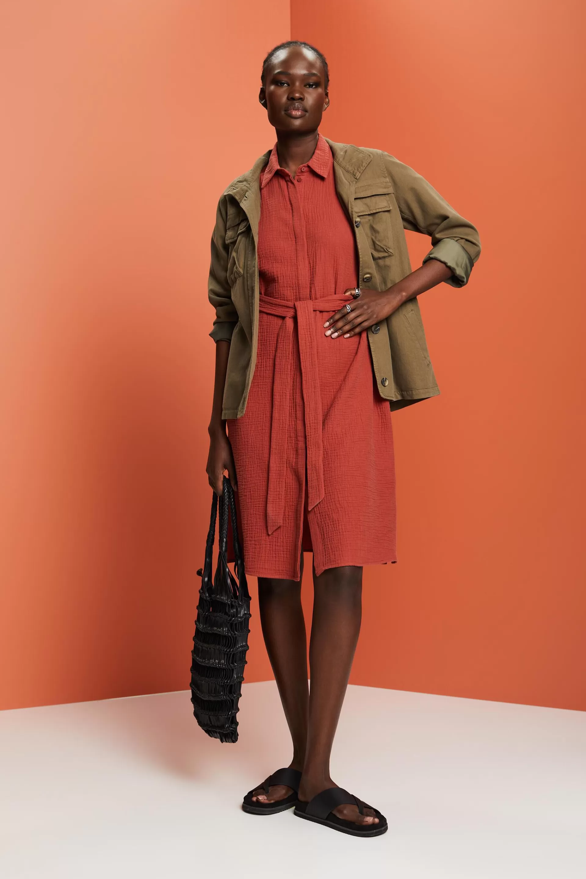 Hemdblusenkleid mit Bindegürtel, 100 % Baumwolle-ESPRIT Outlet