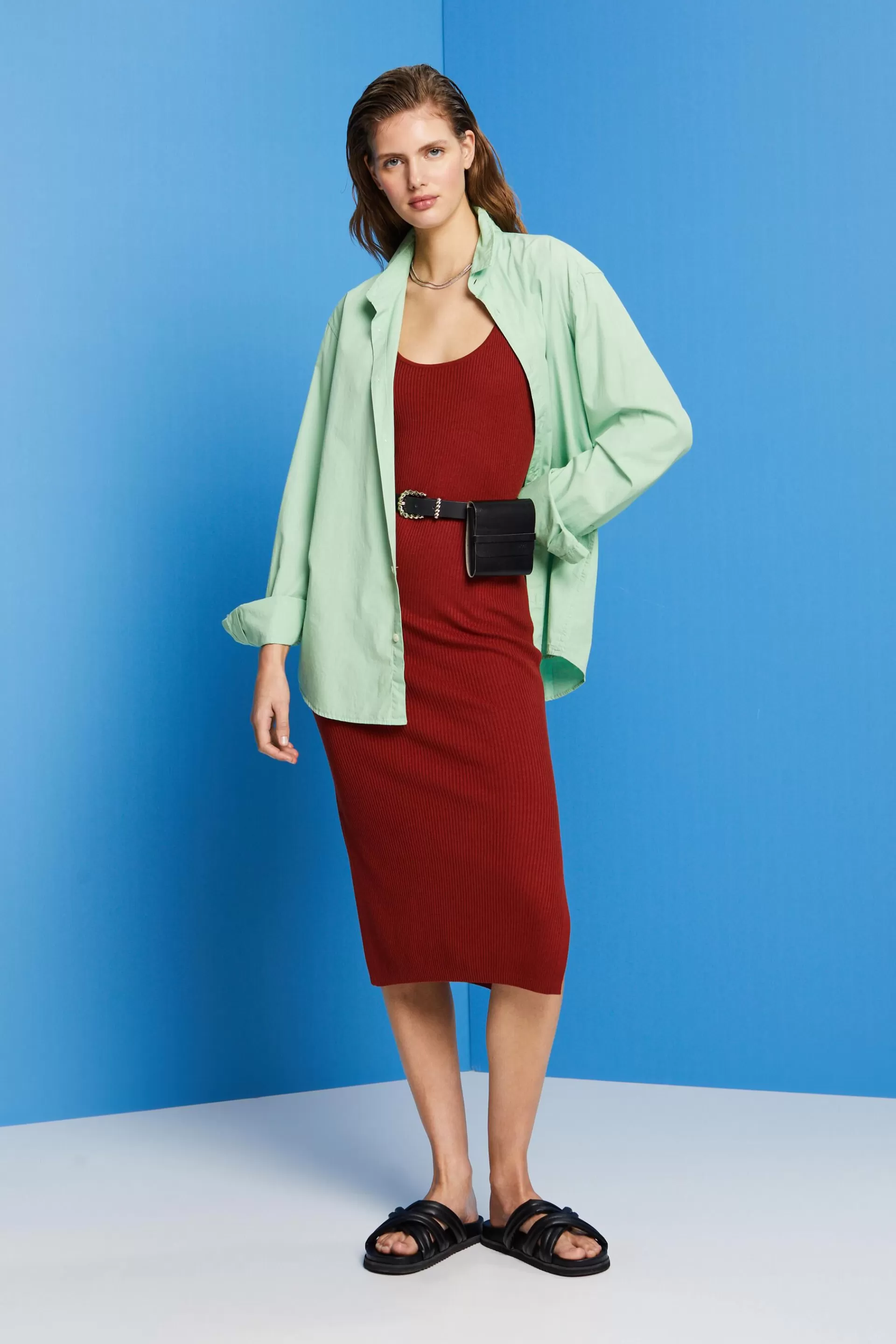 Kleid aus Rippstrick, Leinenmix-ESPRIT Best Sale