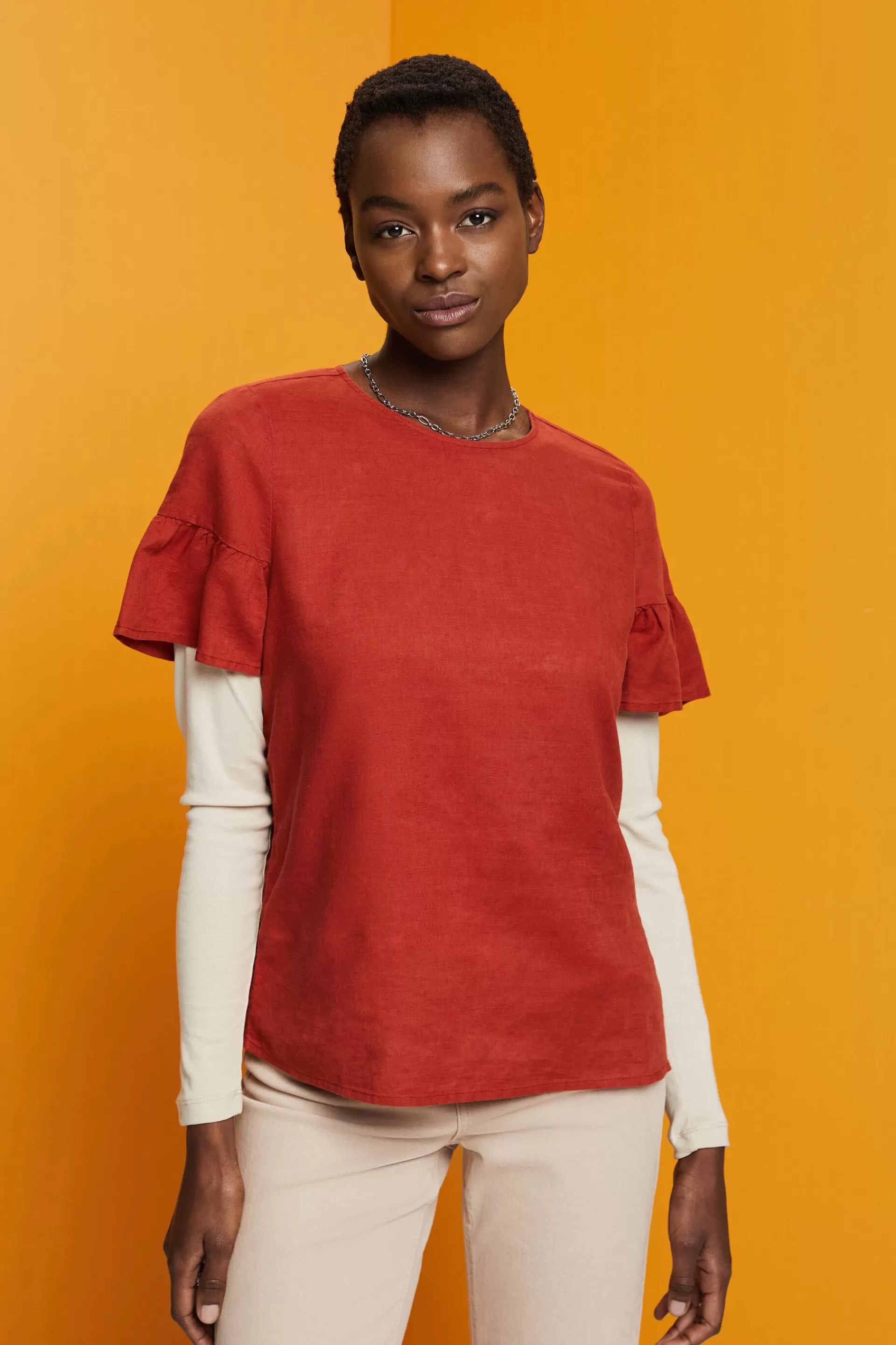 Kurzarmbluse, Baumwolle-Leinen-Mix-ESPRIT Fashion