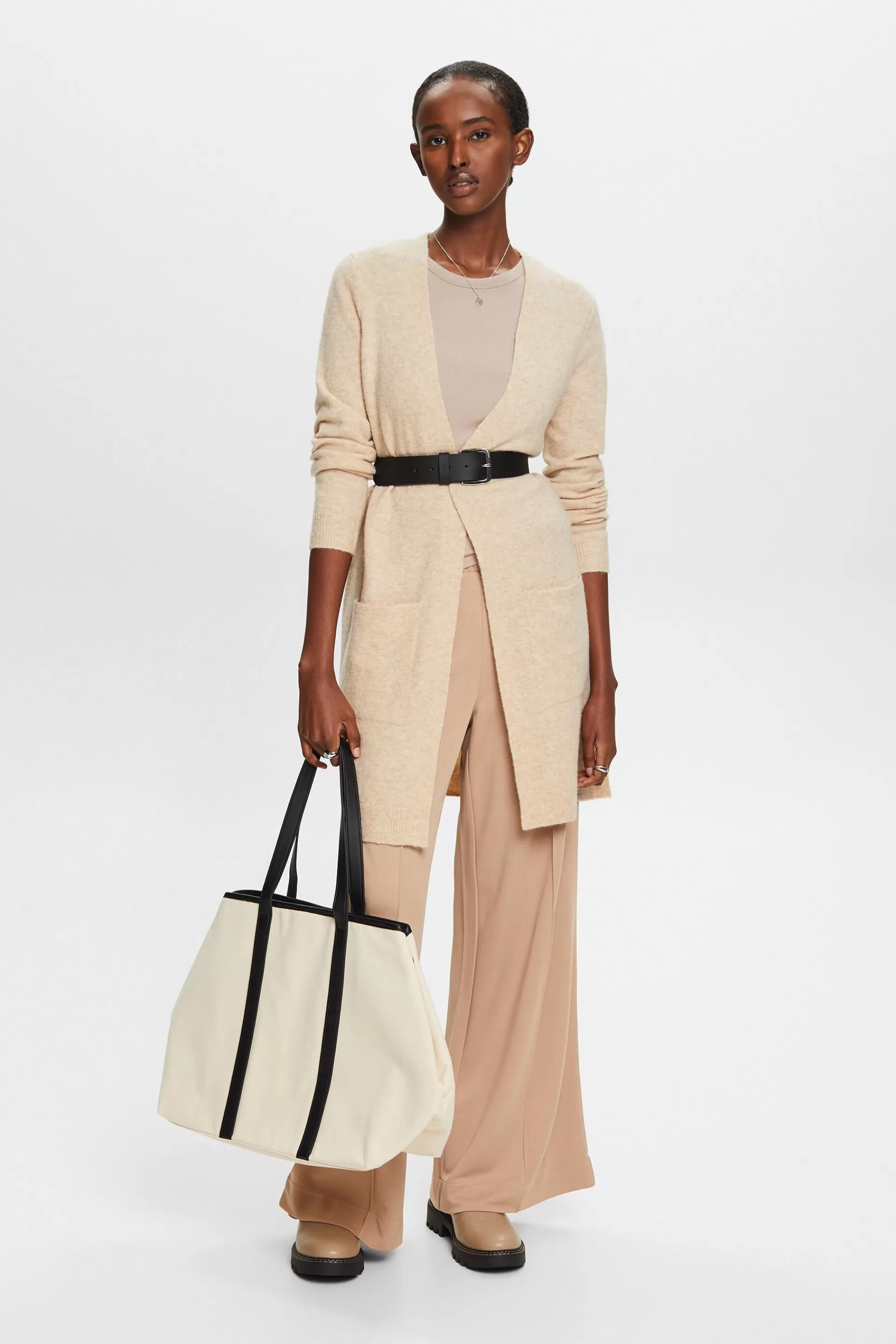 Langer, offener Cardigan aus Wollmix-ESPRIT Store