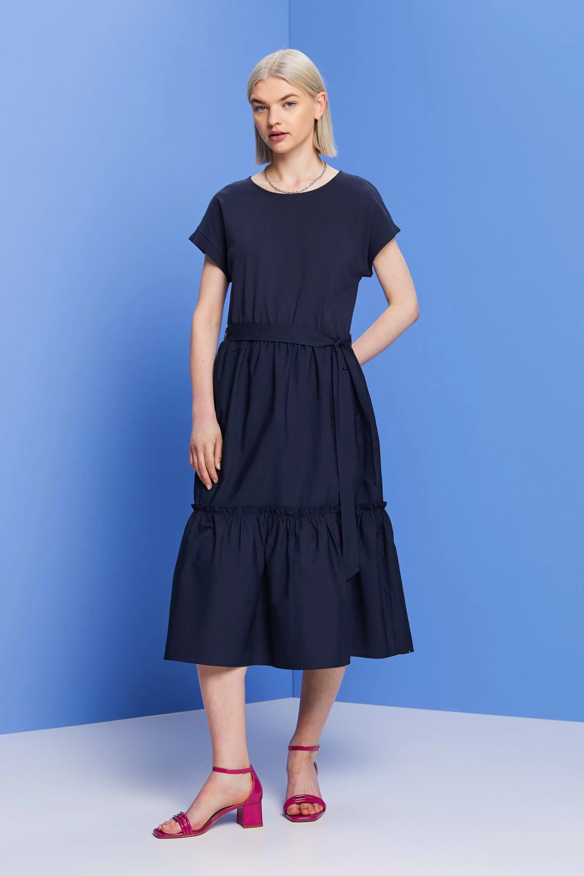 Midikleid aus Materialmix, 100 % Baumwolle-ESPRIT Shop
