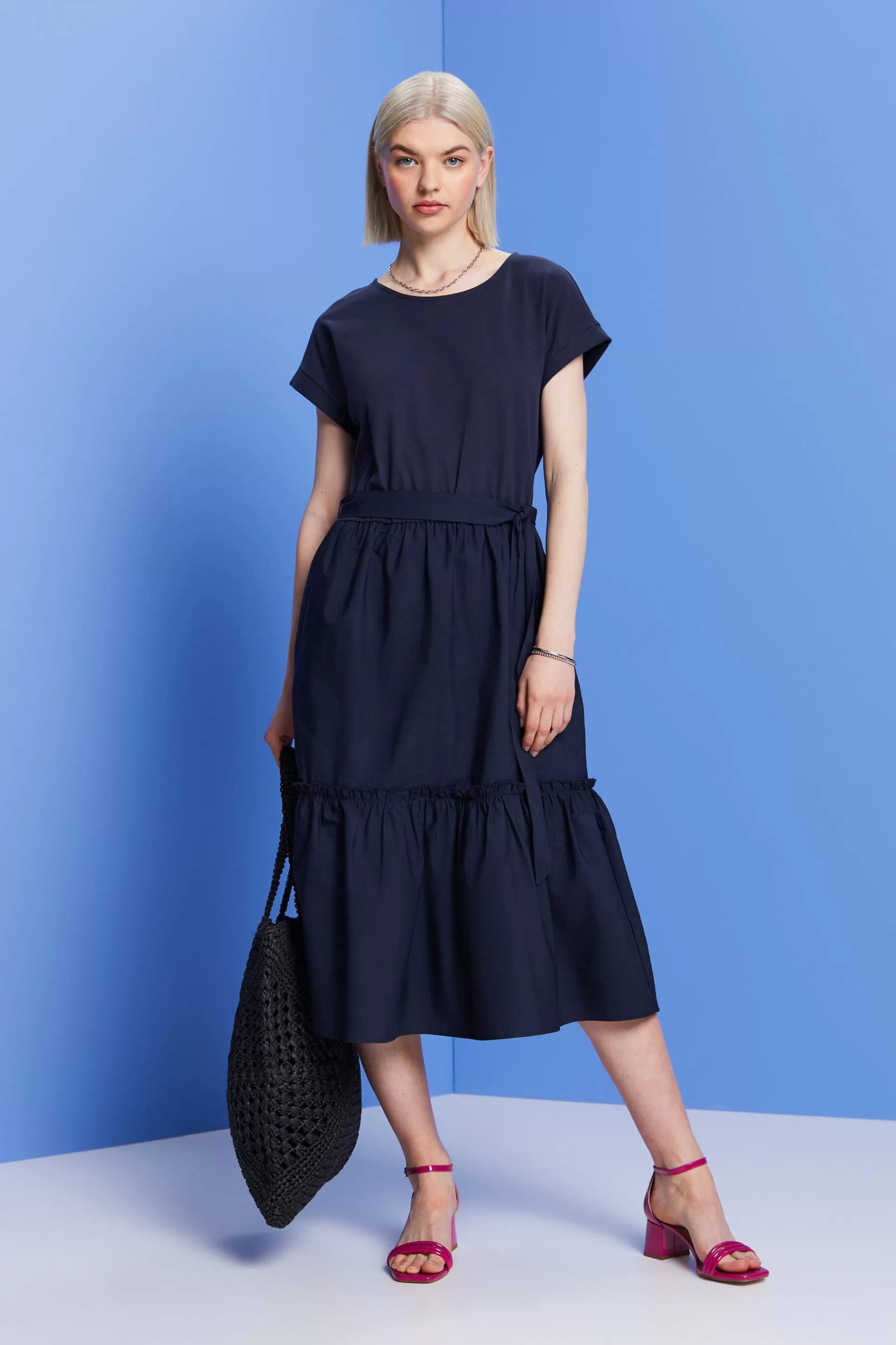 Midikleid aus Materialmix, 100 % Baumwolle-ESPRIT Shop