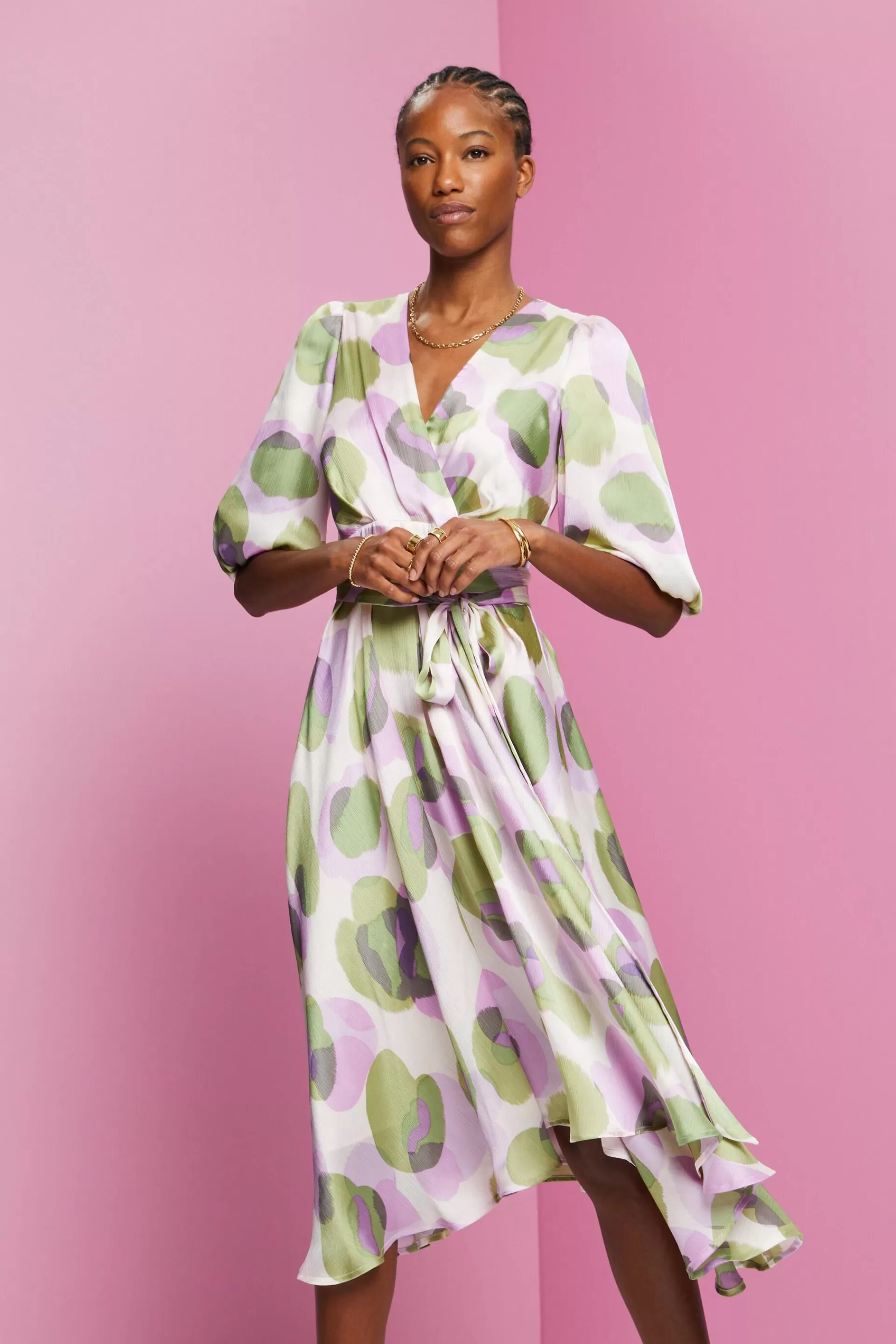Midikleid in Crinkle-Optik mit Allover-Print-ESPRIT New