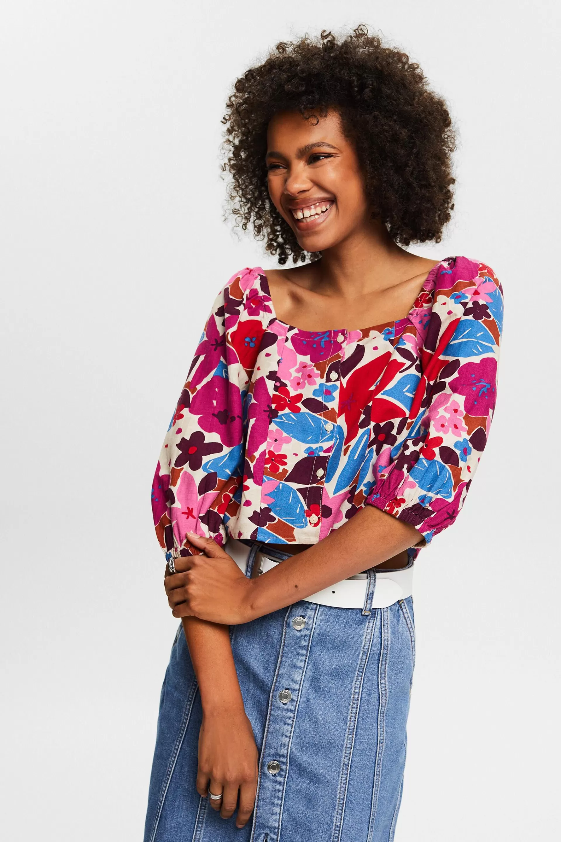 Mit Leinen: Cropped Shirt mit Blumenmuster-ESPRIT Best