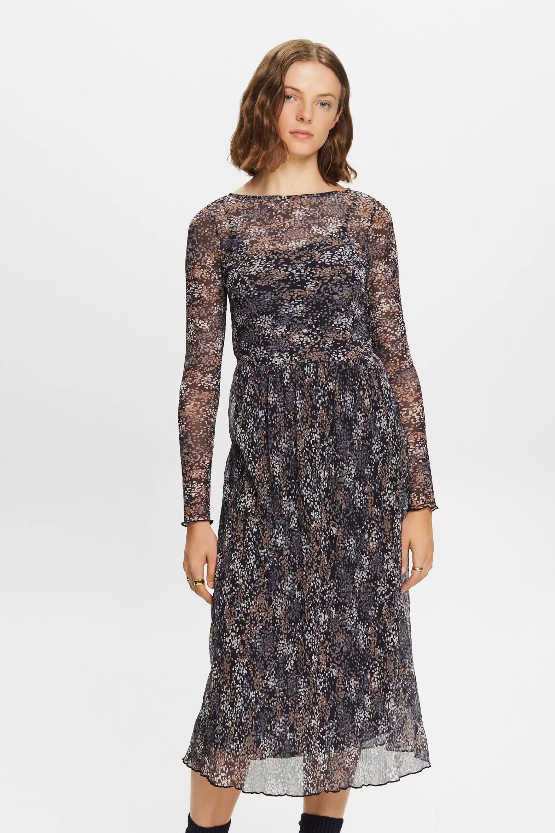 Plissiertes Mesh-Kleid mit Muster-ESPRIT Hot