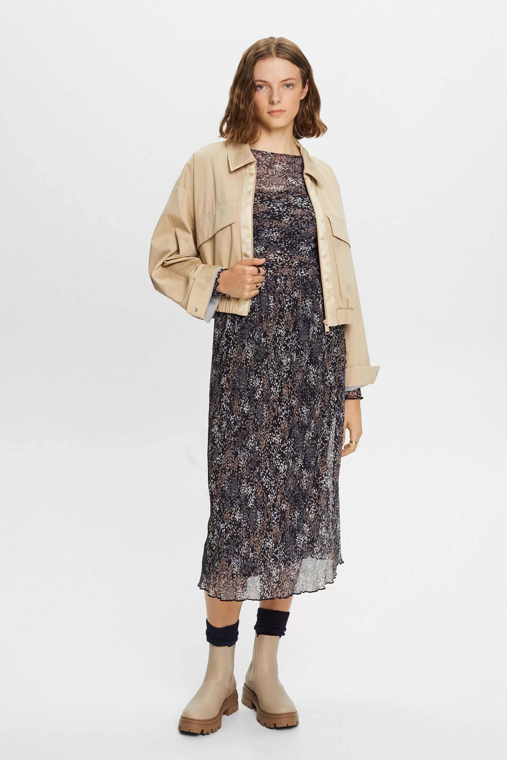 Plissiertes Mesh-Kleid mit Muster-ESPRIT Hot