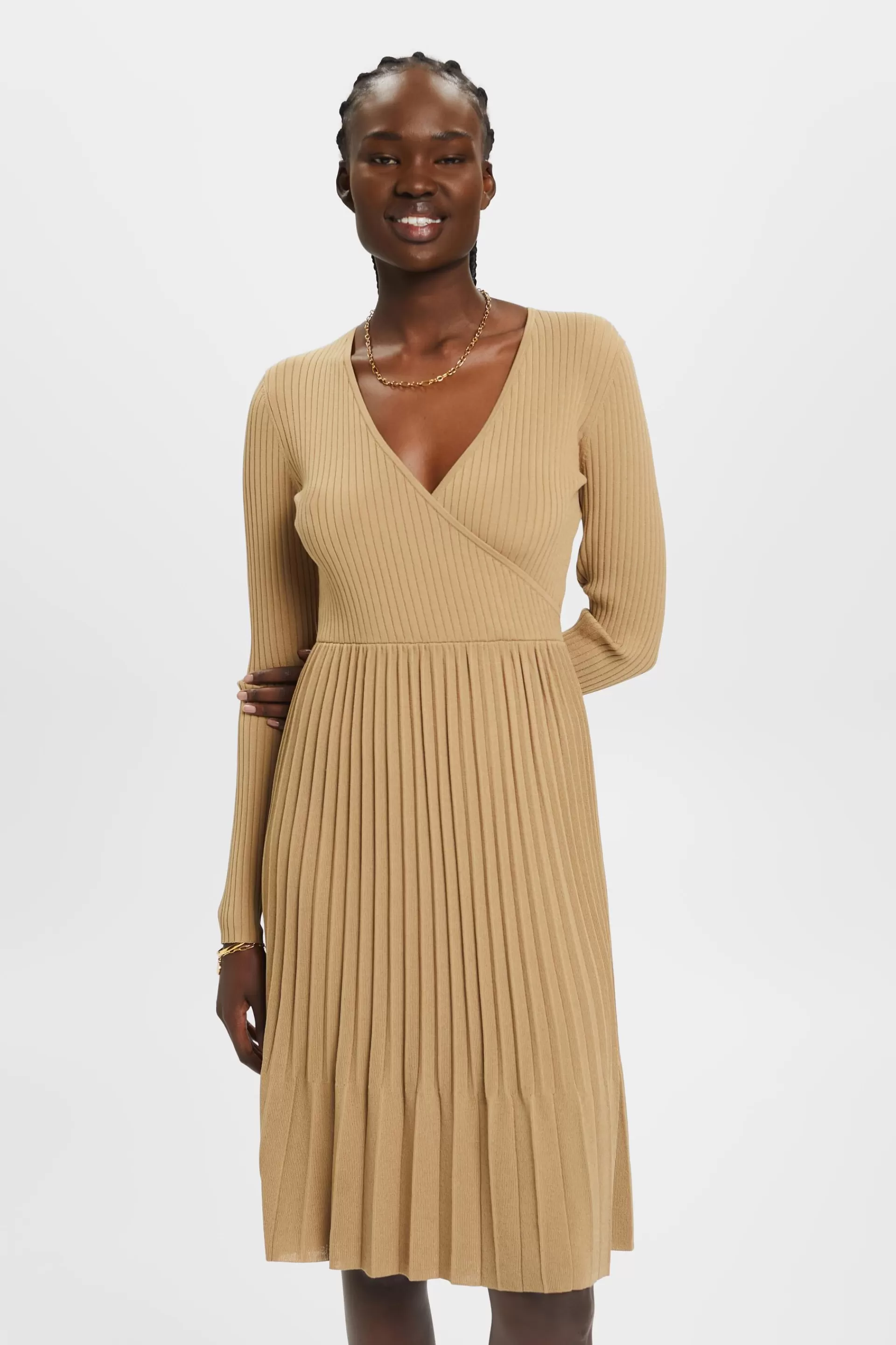 Plissiertes Wickelkleid mit langen Ärmeln-ESPRIT Online