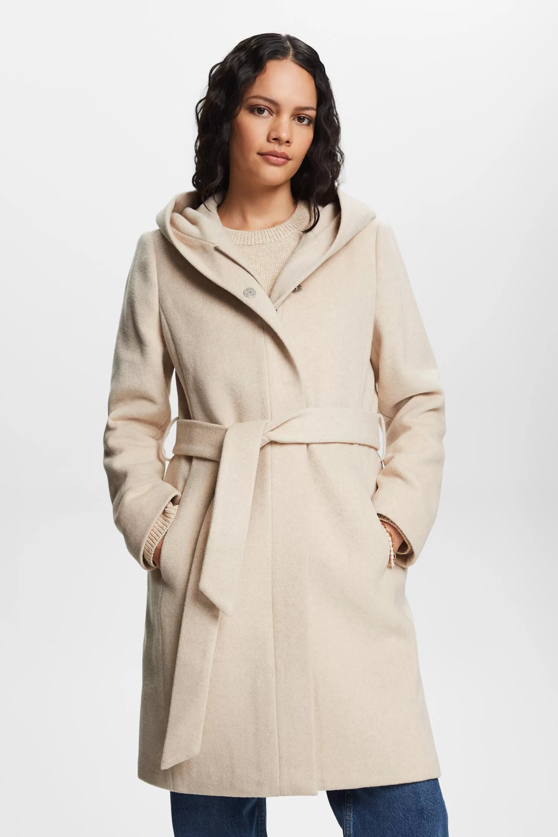 Recycelt: Kapuzenmantel aus Wollmix mit Gürtel-ESPRIT Fashion