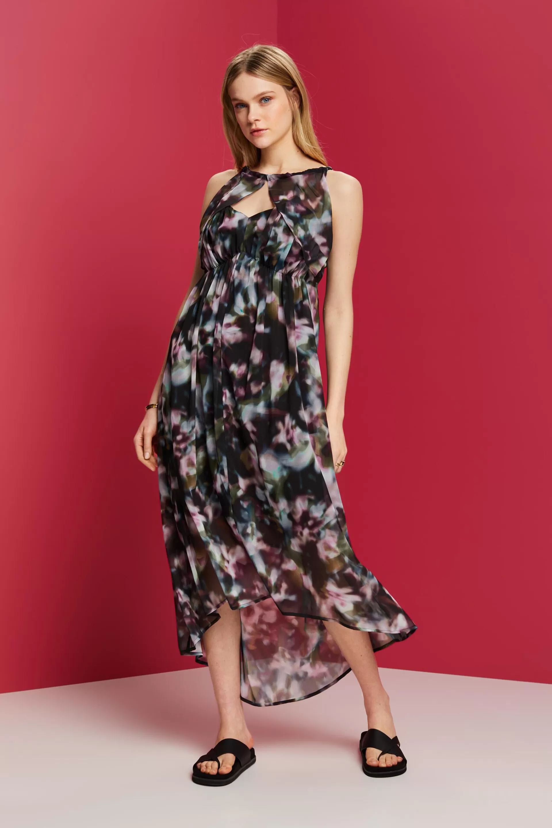 Recycelt: Midikleid aus gemustertem Chiffon-ESPRIT Cheap
