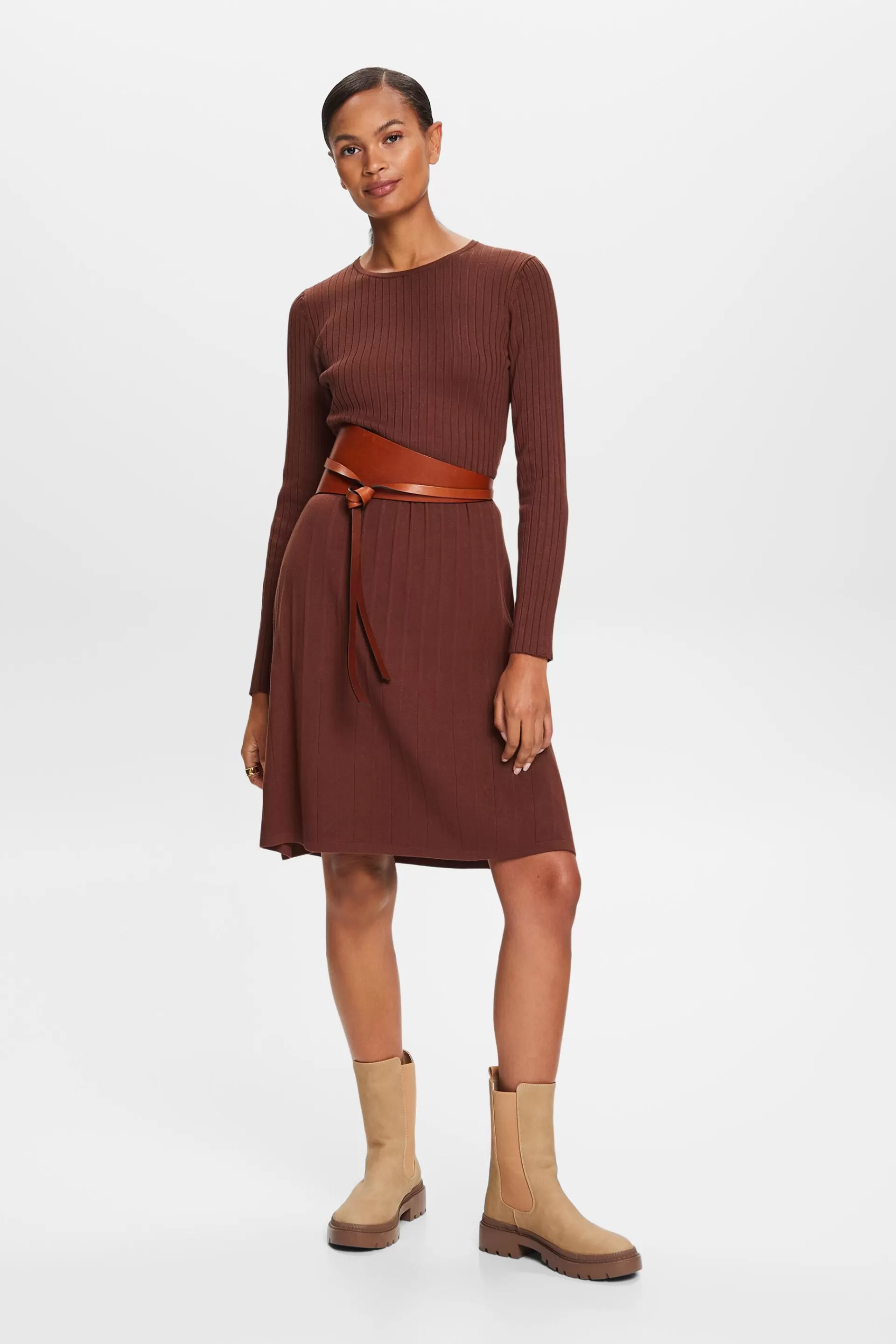 Rippstrickkleid mit plissierten Details-ESPRIT Hot