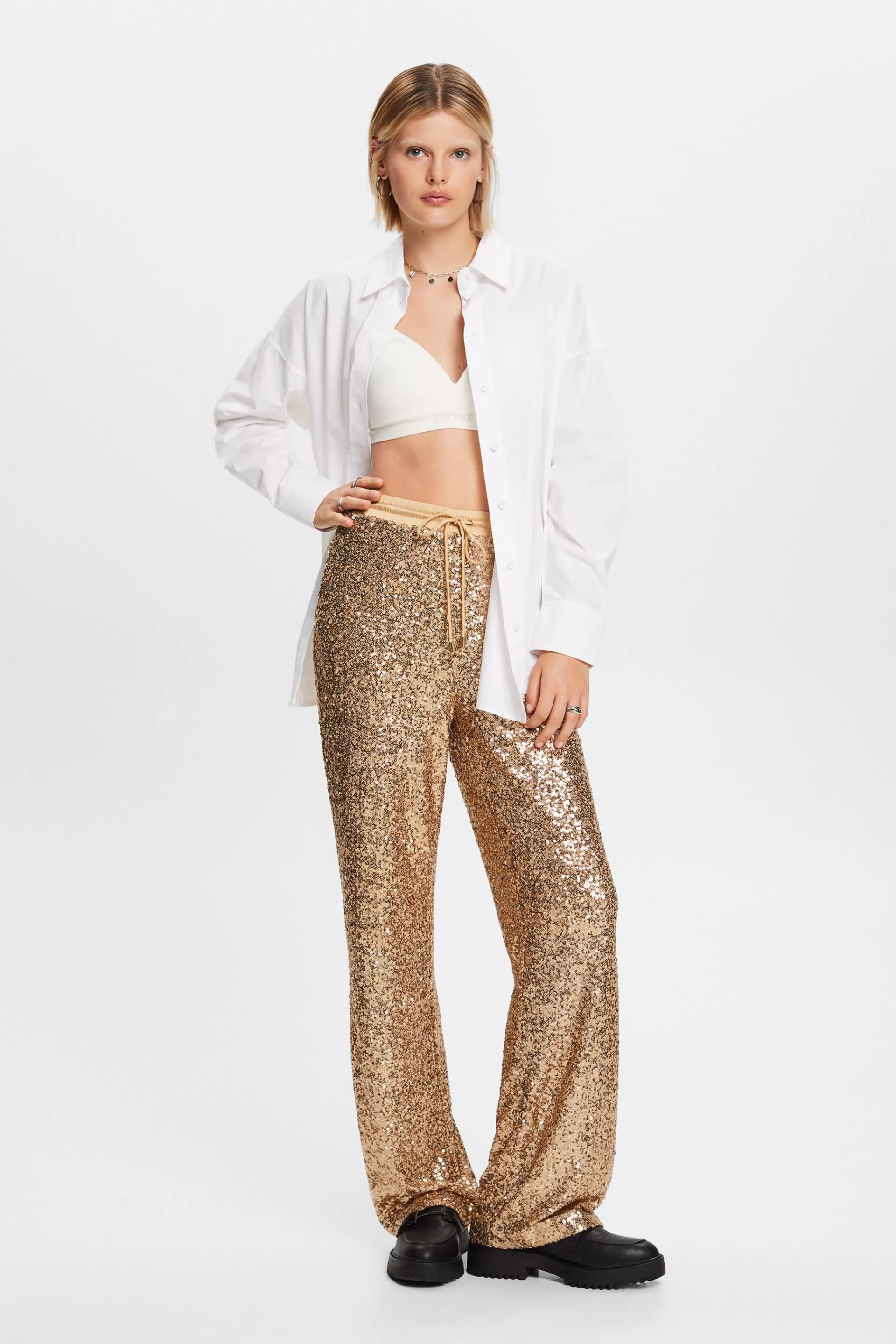 Satinhose mit weitem Bein und Pailletten-ESPRIT Hot