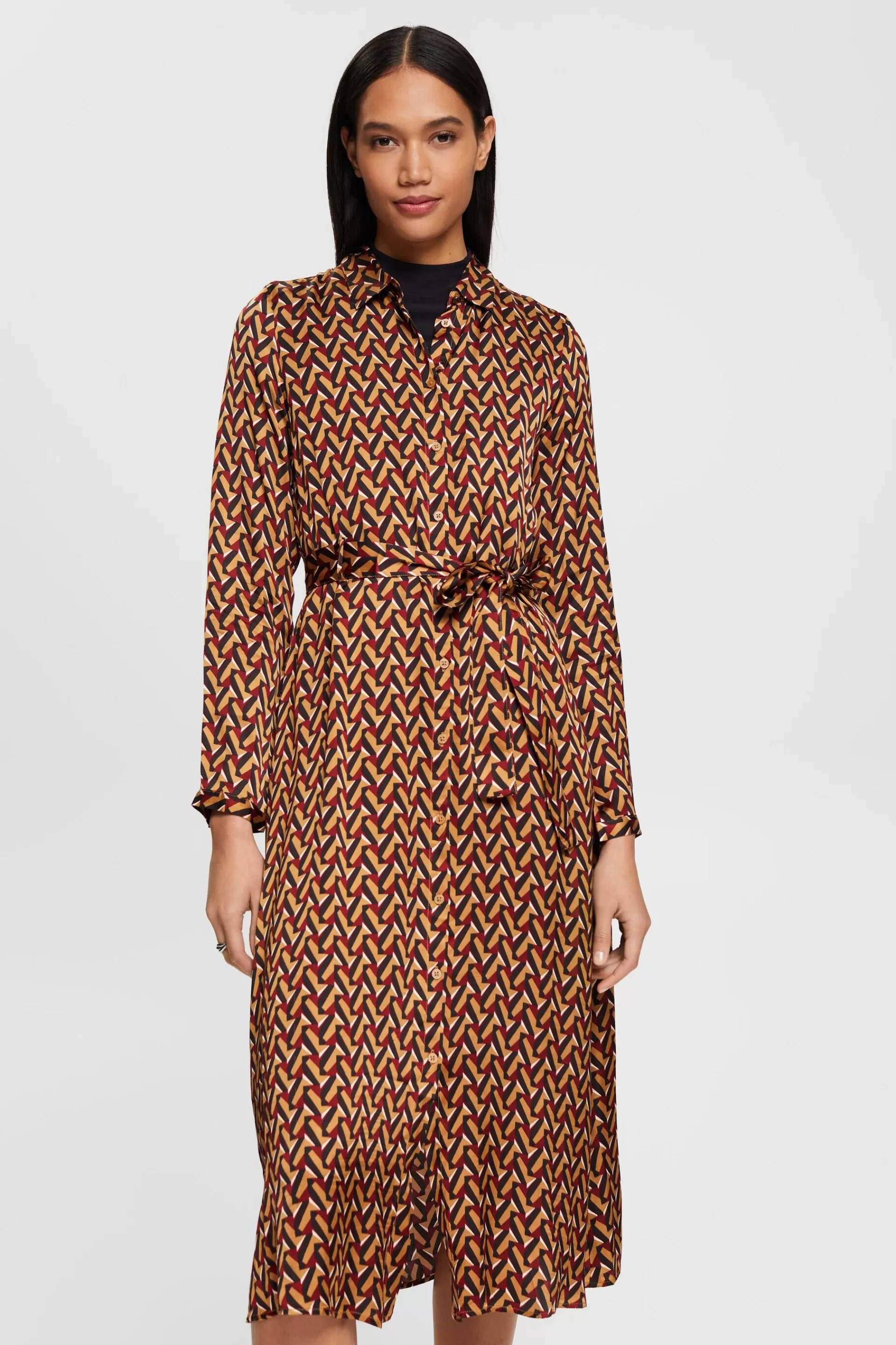 Satin-Kleid mit Muster und Bindegürtel-ESPRIT Clearance